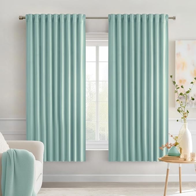 MIULEE Aqua Back Tab Blackout Curtains 63 Inch Length 2 Panels Set for Living Room Bedroom Privacy, Rod Pocket/Pinch Pleat Thermal Insulated Room Darkening Pleated Light Blocking Drapes
