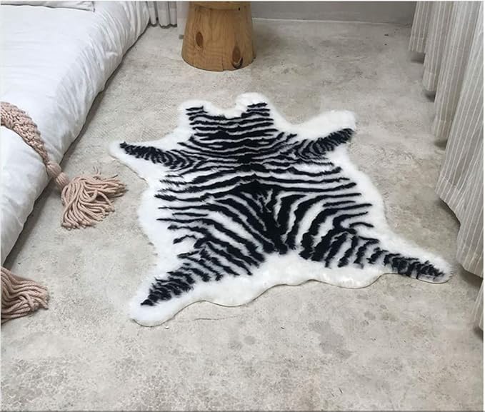 Zebra Print Rug Faux Animal Cowhide Skin Area Rug Leather Carpet Mat Small Size for Home Office Livingroom 3.1' x 3.6'