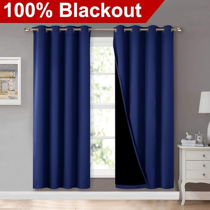 NICETOWN Full Shade Curtain Panels, Pair of Energy Smart & Noise Blocking Out Blackout Drapes for Apartment Window, Thermal Insulated Guest Room Lined Window Dressing(Royal Blue, 52 x 72 inch)