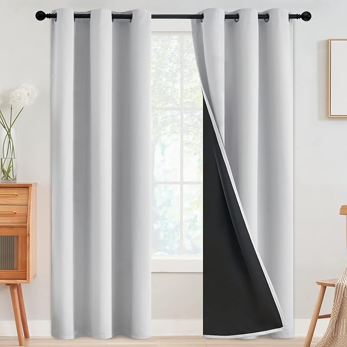 SimpleHome 100% Blackout Curtains for Bedroom,Thermal Insulated Grommet Window Drapes Room Darkening White Curtains for Living Room with Black Back,42 x 84 Inch,2 Panels