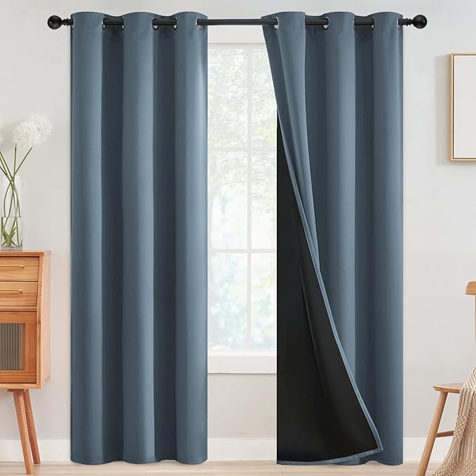 SimpleHome 100% Blackout Curtains for Bedroom,Thermal Insulated Grommet Window Drapes Room Darkening Stone Blue Curtains for Living Room with Black Back,42 x 84 Inch,2 Panels