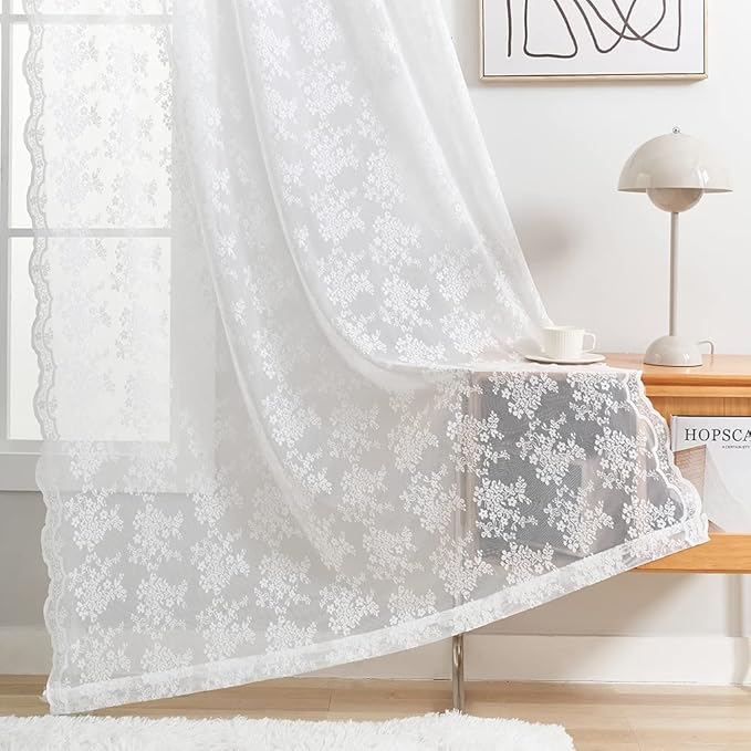 YJ YANJUN Vintage Lace Curtains White Sheer Curtains 96 inches Long 2 Panels Old Fashion Floral Victorian Voile Panels for Living Room Bedroom Rod Pocket Light Filtering 52Wx 96L