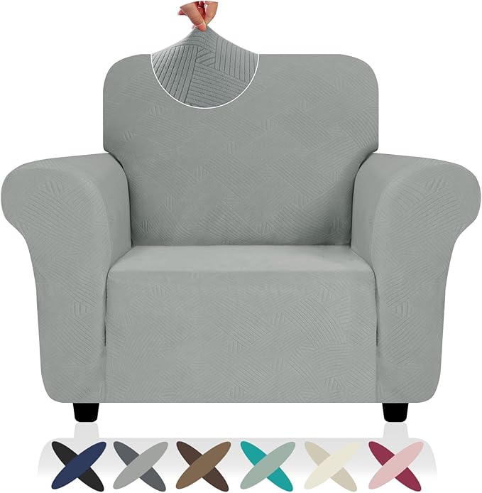 ZNSAYOTX Chair Cover with Arms (30"-47"), New Striped Sofa Chair Covers for Living Room, Dogs Pet Friendly Anti-Slip Chair Protector Spandex Armchair Slipcovers (Light Grey, Chair)
