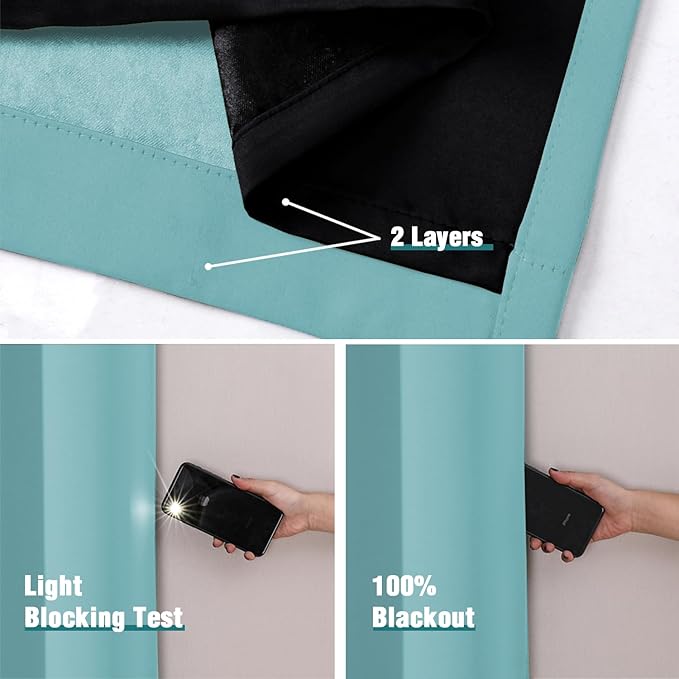 ChrisDowa 100% Blackout Curtains 90 inch Long for Bedroom with Black Liner, 2 Thick Layers Total Blackout Thermal Insulated Grommet Window Curtains 2 Panels Set (Aqua, 52 x 90 Inch)
