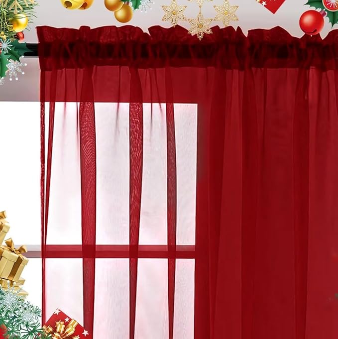 SpaceDresser Sheer Voile Window Treatment Rod Pocket Curtain Panels for Kitchen Bedroom Living Room Drapes Sunlight Filtering Privacy Semi Home Decor Assorted (Christmas Red, 52 W x 108 L)