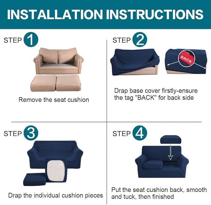 Turquoize 3 Piece Sofa Covers for 2 Cushion Couch Sofa Slipcover Soft Couch Cover for Dogs-Washable Sofa Furniture Covers with 2 Individual Cushion Covers, (2 Cushion Sofa, Navy)