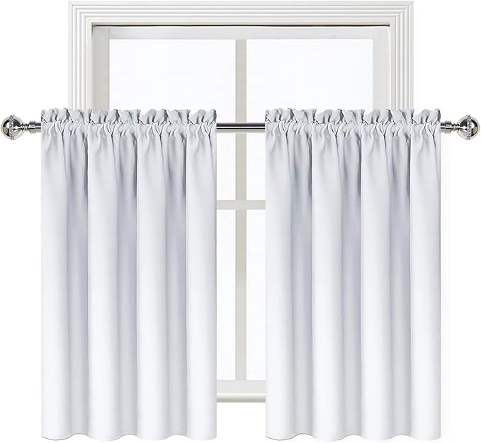 DWCN White Short Room Darkening Curtains for Kitchen/Bedroom, 42 x 36 inches Long - Energy Saving Window Drapes for Nursery with Rod Pocket, Set of 2 Panels