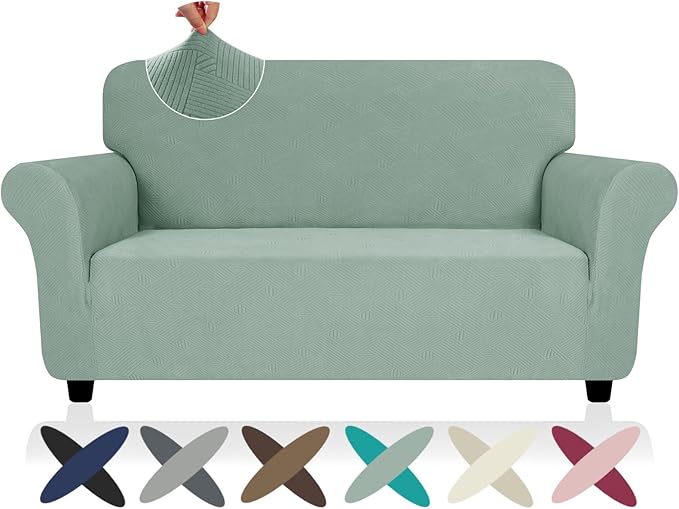 ZNSAYOTX Super Stretch Loveseat Covers (57"-70"), New Striped Love Seat Slipcover, Dogs Pet Friendly Anti-Slip Couch Protector Spandex Durable 2 Seater Fabric Sofa Cover (Pea Green, Loveseat)