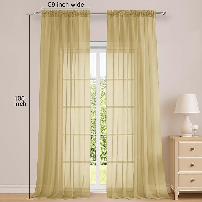 OWENIE Sheer Gold Curtains 108 Inches Long for Living Room Bedroom 2 Panels Set, Lightweight Airy Gold Sheer Curtain, Filmy Voile Rod Pocket, 2 PCS, Each 59" W x 108" L