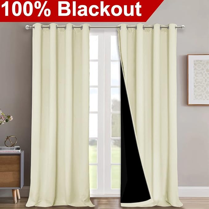 NICETOWN Living Room Completely Shaded Draperies, Privacy Protection & Noise Reducing Ring Top Drapes, Black Lined Insulated Window Treatment Curtain Panels (Beige, 2 Pieces, W52 x L102)