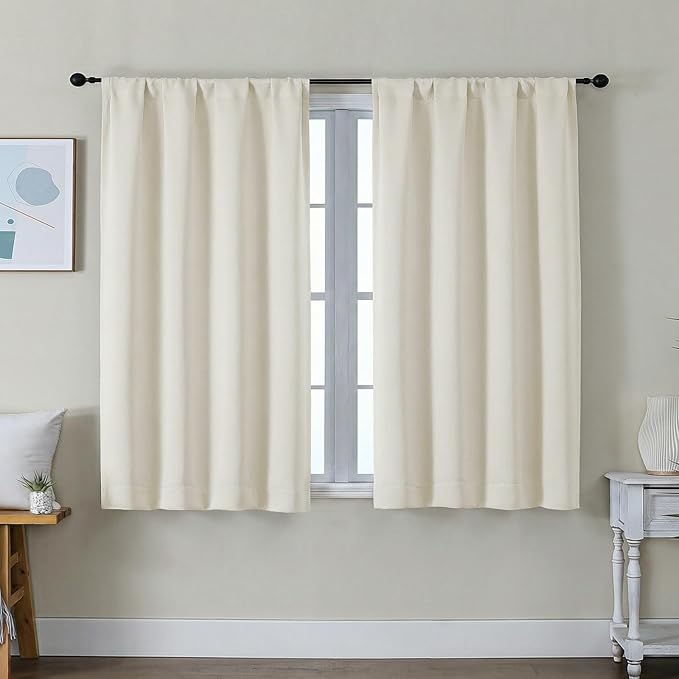 Simplebrand Ava Ivory Short Light Filtering Curtains for Bedroom 45 Inches Long 2 Panels Set, Solid Thermal Insulated, Energy Saving Window Treatment Curtains Light Filtering Drapes, W40 x L45 Inch