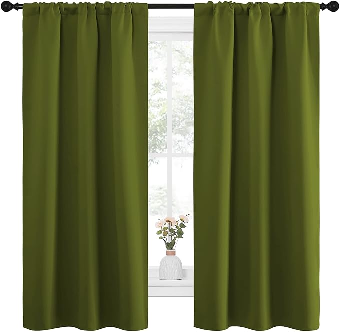 NICETOWN Bedroom Curtains Draperies with Rod Pocket, Nursery Essential Thermal Insulated Blackout Curtain Panels for Small Window (Olive Green, 1 Pair, 34 x 63)