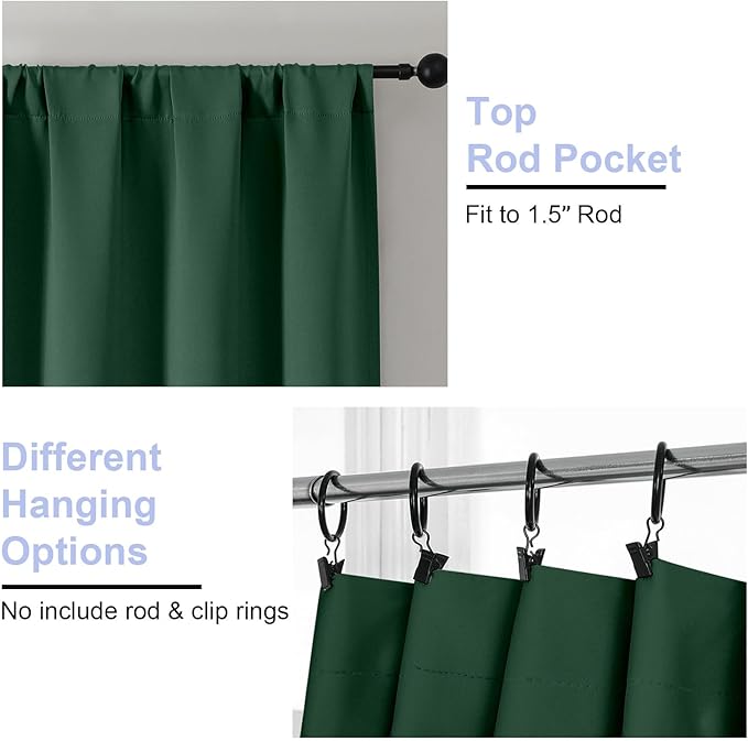 Simplebrand Blackout Extra 10ft Curtains for Patio 120 Inches Long 2 Panels Set, Solid Thermal Insulated Energy Saving Rod Pocket Window Treatment Curtains Blackout Drapes, 50" Wx120 L, Ever Green