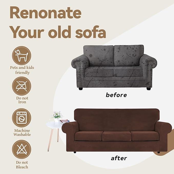 WEERRW Velvet Couch Covers for 2 Cushion Couch Sofa - High Stretch Luxury Velvet Plush 3 Pieces Sofa Slipcovers with Elastic Bottom, Furniture Protector for Pets, Machine Washable, Chocolate, Medium