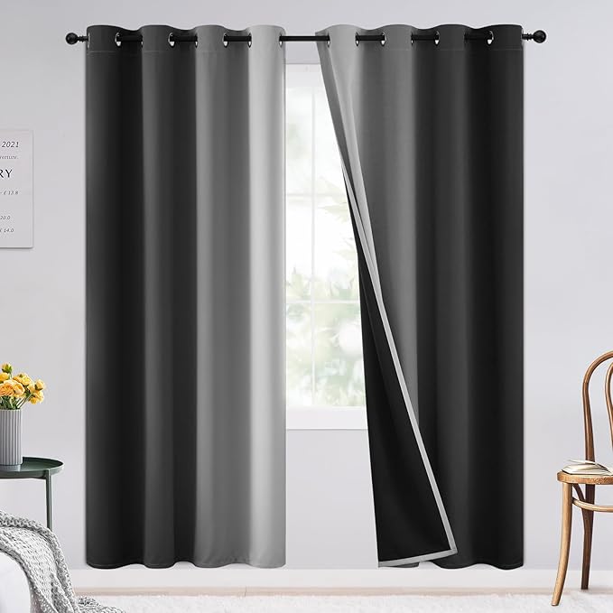 SimpleHome Ombre 100% Blackout Curtains for Bedroom, Full Light Blocking Black and Greyish White Curtains, Thermal Insulated Grommet Window Drapes for Living Room,2 Panels, 52x72 inches Length