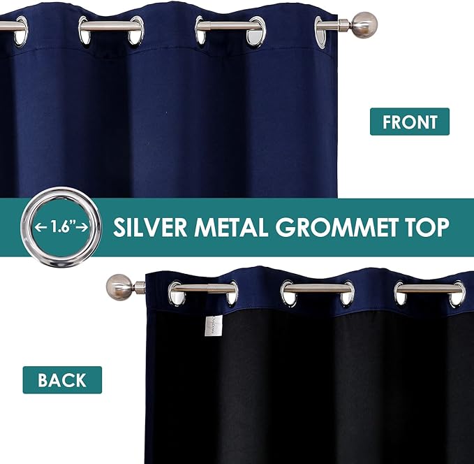 ChrisDowa 100% Blackout Curtains 63 inch Long for Bedroom with Black Liner, 2 Thick Layers Total Blackout Thermal Insulated Grommet Window Curtains 2 Panels Set (Navy Blue, 38 x 63 Inch)