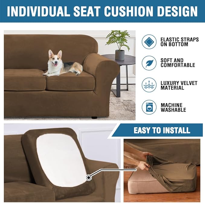 H.VERSAILTEX High Stretch Sofa Slipcover 4 Piece Cover Velvet Furniture Protector Form Fit Thick Velvet Extra Large Sofa Cover for 3 Cushion Couch Width Up to 97 Inch (Large Sofa, Bronze Brown)
