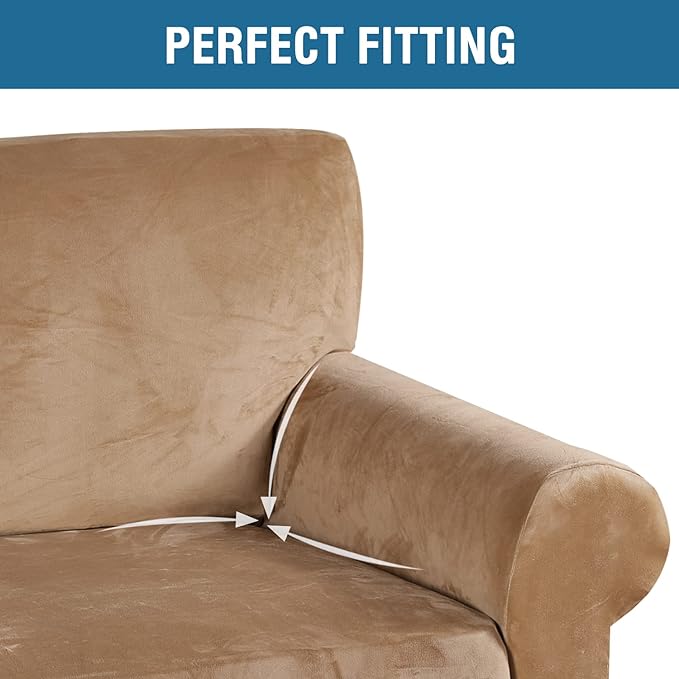 H.VERSAILTEX Stretch Velvet Loveseat Covers for 2 Cushion Couch Covers for Living Room Sofa Covers Slipcovers with Non Slip Straps Bottom, Ultra Thick Comfy Velour (Width 58"-72", Camel)