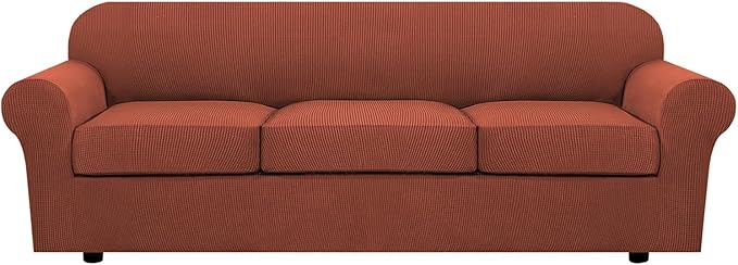 H.VERSAILTEX 4 Piece Stretch Sofa Covers for 3 Cushion Couch Covers Furniture Slipcovers for Living Room (1 Base Cover Plus 3 Seat Cushion Covers) Thicker Jacquard Fabric Cover (XL Sofa, Rust)