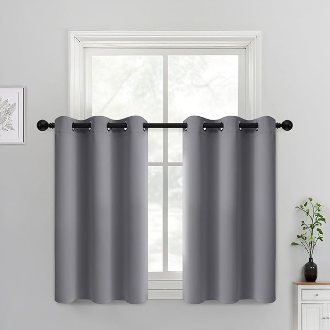 Yakamok Grey Blackout Curtains Room Darkening Thermal Insulated Grommet top Window Curtains Short Drapes for Living Room, 38 x 36 inch, Gray, 2 Panels