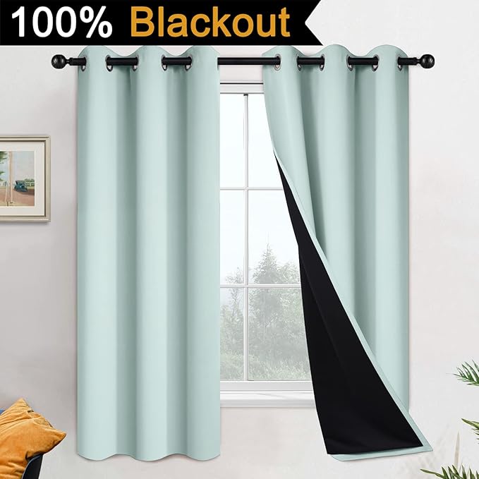 Yakamok 100% Blackout Lined Panels, Room Darkening Thermal Insulated Blackout Curtains for Bedroom, Heat Blocking Drapes for Living Room(42Wx63L, Aqua, 2 Panels)