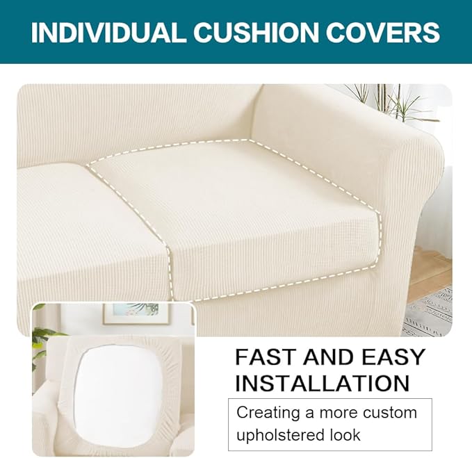 Turquoize 3 Piece Sofa Covers for 2 Cushion Couch Sofa Slipcover Soft Couch Cover for Dogs-Washable Sofa Furniture Cover with 2 Individual Cushion Covers, Thick Jacquard Fabric (Loveseat, Cream)