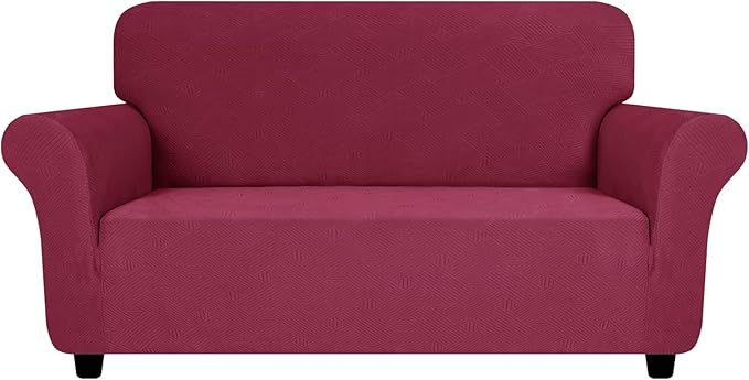 ZNSAYOTX Super Stretch Loveseat Covers (57"-70"), New Striped Love Seat Slipcover, Dogs Pet Friendly Anti-Slip Couch Protector Spandex Durable 2 Seater Fabric Sofa Cover (Wine Red, Loveseat)
