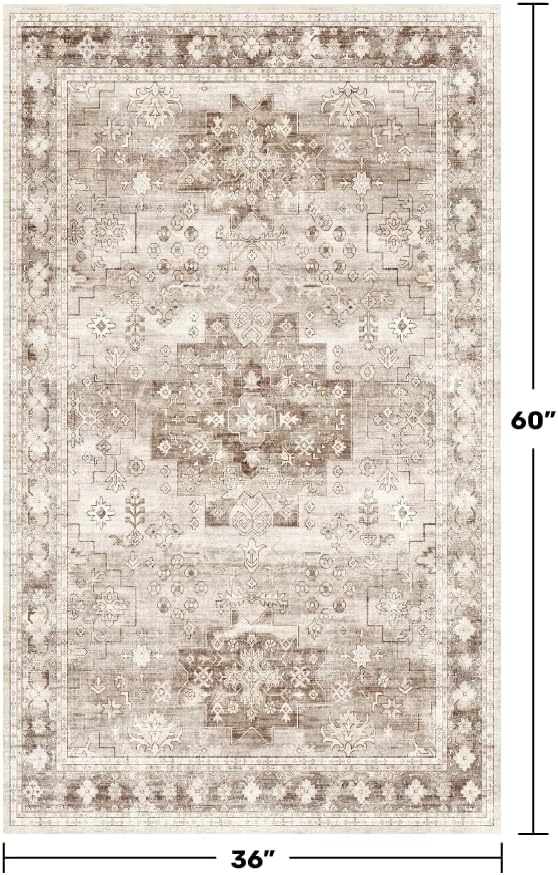 Washable Neutral Farmhouse Large Entryway Rug, 3x5 Area Rugs for Kitchen, Bedroom, Laundry Room, Nursery Room, Boho Vintage Floral Non-Slip Throw Rug Low Pile Stain Resistant (3x5 Beige/Latte)