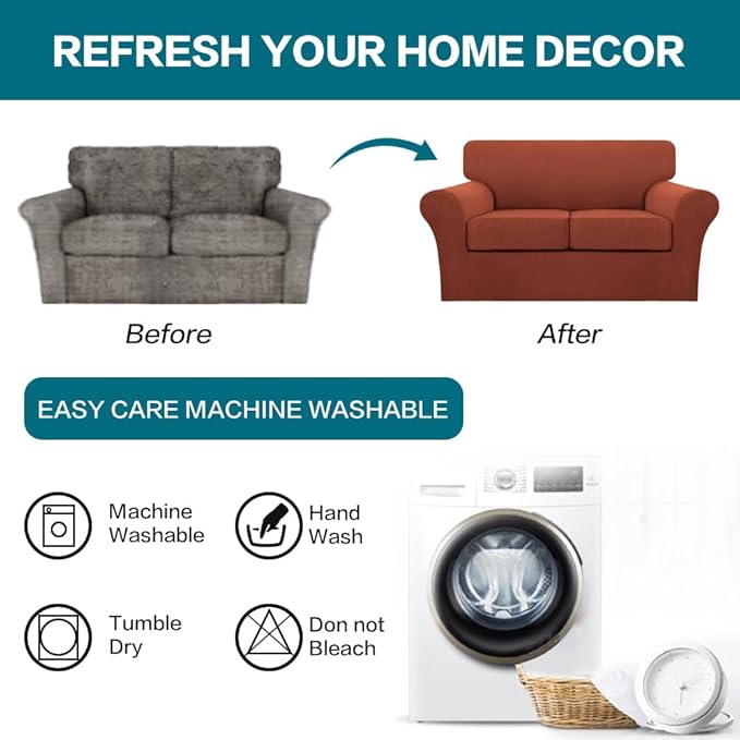 Turquoize 3 Piece Sofa Covers for 2 Cushion Couch Sofa Slipcover Soft Couch Cover for Dogs-Washable Sofa Furniture Covers with 2 Individual Cushion Covers, Feature Fabric (2 Cushion Sofa, Rust)