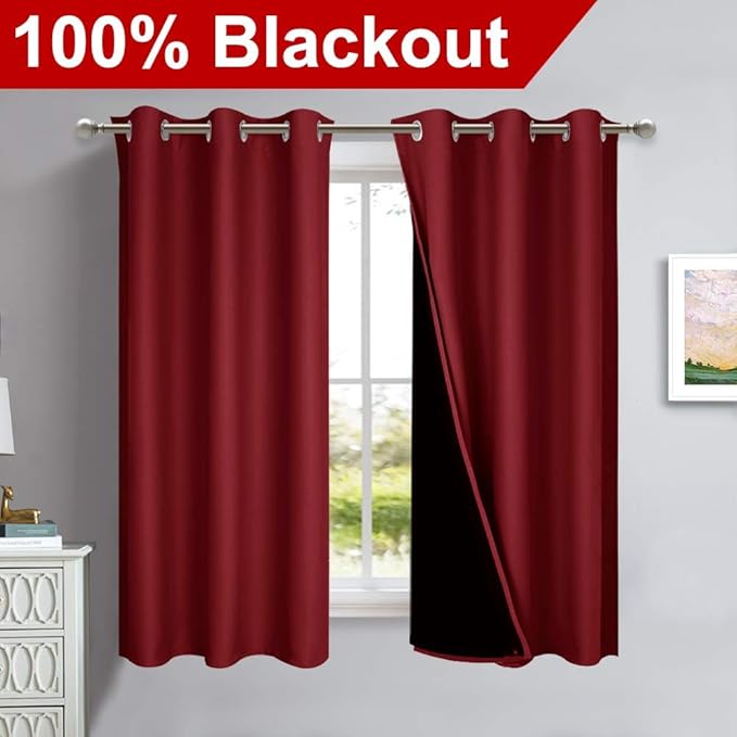 NICETOWN 100% Blackout Short Curtains with Black Liners, 2 Panels, 37" W by 63" L, Burgundy Red, Solid Thermal Insulated Full Blackout 2-Layer Lined Drapes, Energy Efficiency Window Drapes for Bedroom