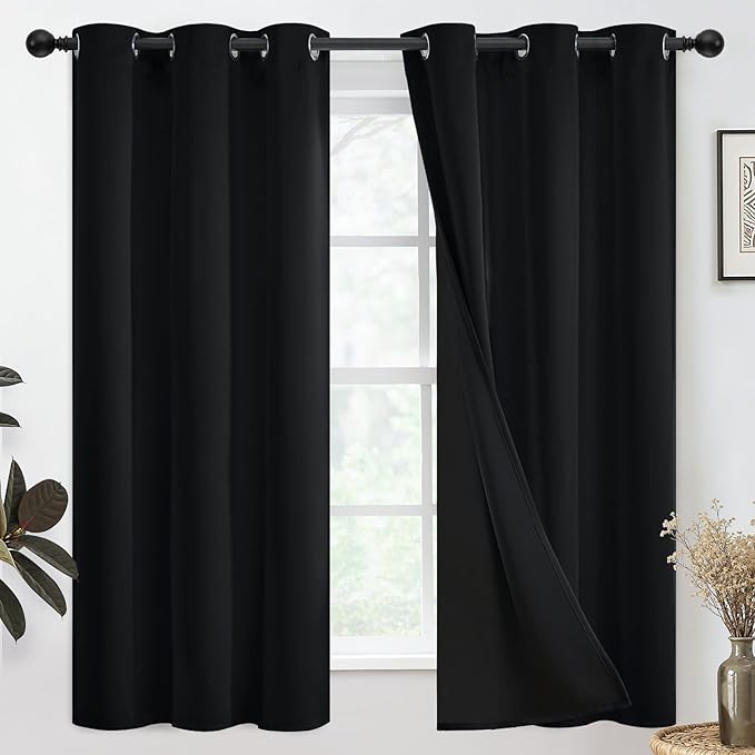 SimpleHome 100% Blackout Curtains for Bedroom,Thermal Insulated Black Grommet Window Drapes Room Darkening Curtains for Living Room with Black Back,38 x 63 Inch,2 Panels