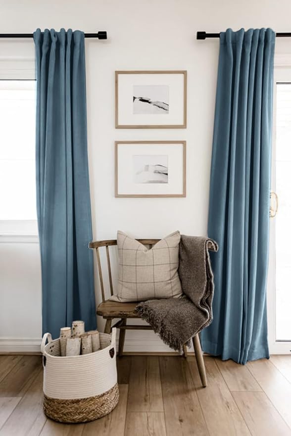 100% Blackout Shield Linen Blackout Curtains for Bedroom 84 Inches Long, Back Tab/Rod Pocket Living Room Drapes, Thermal Insulated Blackout Curtains 2 Panels Set, 50" W x 84" L, Stone Blue