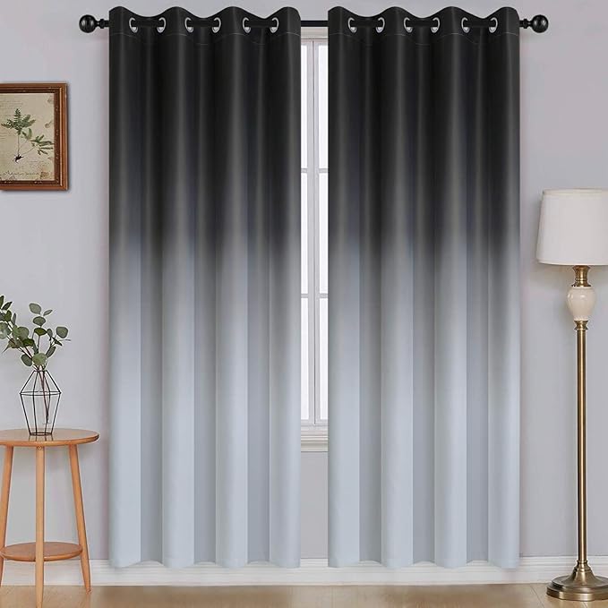 SimpleHome Ombre Room Darkening Curtains for Living Room, Light Blocking Gradient Black to Grey White Thick Thermal Insulated Grommet Window Curtains/Drapes for Bedroom, 2 Panels, 52x72 inches Length