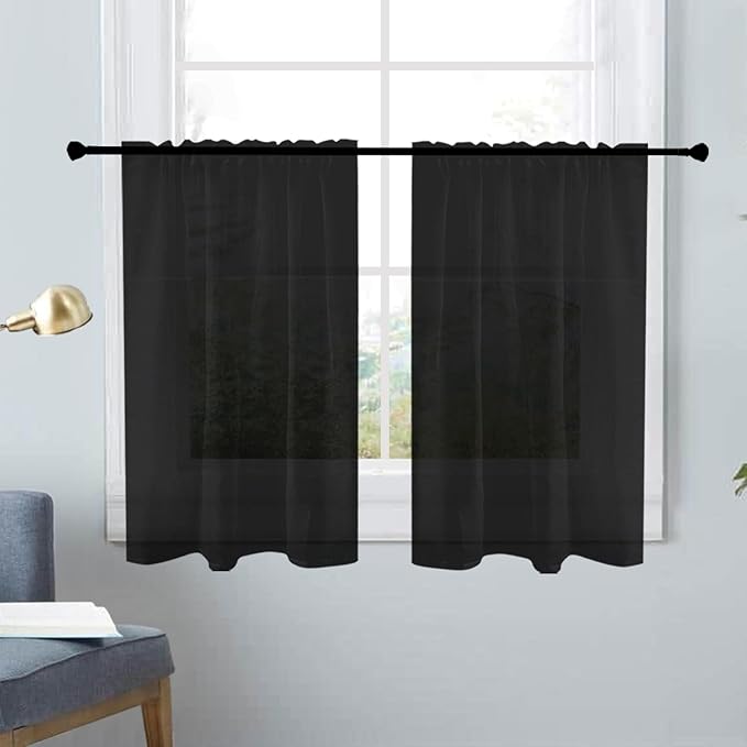 SpaceDresser Basic Rod Pocket Sheer Voile Window Curtain Panels Black 1 Pair 2 Panels 26 Width 30 Inch Long for Kitchen Bedroom Children Living Room Yard（Black，26Wx 30L）