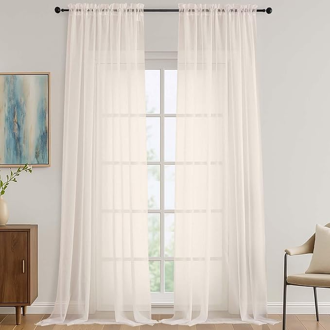 OVZME Cream Sheer Curtains 120 Inches Long 2 Panels Set, 59 Inch Extra Wide Soft Airy Lightweight Sheer Curtains for Living Room, Farmhouse Voile Filmy Rod Pocket Drapes, 59Wx120L Inches