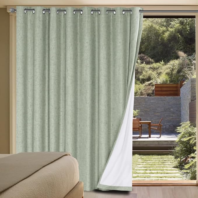 H.VERSAILTEX Linen Blackout Curtains Durable Thick Textured Linen Look 100% Blackout Patio Door Curtain Anti Rust Grommet Extra Wide Sliding Door Curtain Panel, W100 x L108 inch - Sage