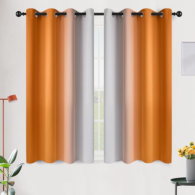 SimpleHome Ombre Room Darkening Curtains 45 inches Length for Bedroom,Grommet Gradient Light Blocking Orange Gradient Window Curtains for Living Room,2 Panels, 52x45 inches