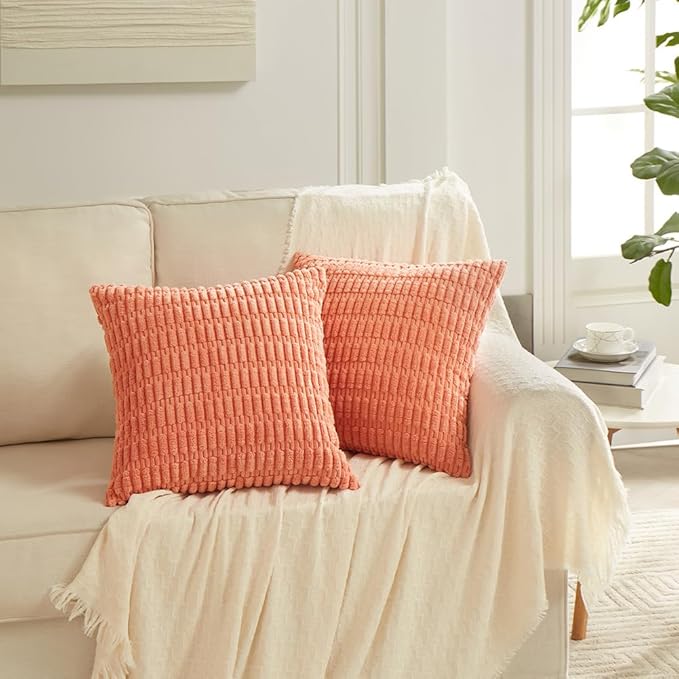 Fancy Homi 4 Packs Boho Coral Decorative Throw Pillow Covers 24x24 Inch for Living Room Couch Bed Sofa, Rustic Modern Farmhouse Home Decor, Soft Plush Corduroy Peach Cute Square Cushion Case 60x60 cm