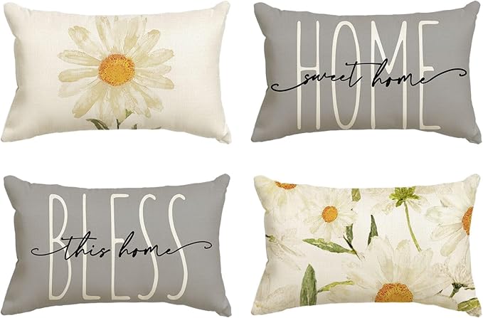 AVOIN colorlife Home Sweet Home Spring Summer Flowers Throw Pillow Covers, 12 x 20 Inch Grey Cushion Case for Sofa Couch Set of 4