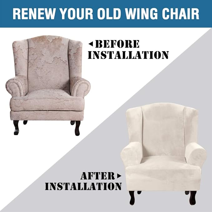H.VERSAILTEX Wingback Chair Covers Velvet Plush Wing Chair Slipcover 1 Piece High Stretch Wing Back Chair Slipcovers Sofa Cover Furniture Cover with Elastic Bottom, Ivory