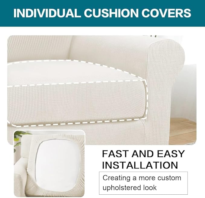 Turquoize 2 Piece Chair Covers Armchair Slipcovers for Living Room Armchair Sofa Cover with Individual Cushion Covers Feature Jacquard Fabric (Chair, Porcelain)