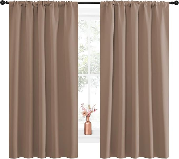 NICETOWN Bedroom Blackout Panels - Window Treatment Thermal Insulated Solid Rod Pocket Blackout Curtains/Drapes for Kitchen Decoration (Cappuccino, Set of 2, 52 by 63 inches)