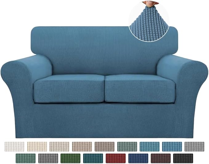 Turquoize 3 Piece Sofa Covers For 2 Cushion Couch Sofa Slipcover Soft Couch Cover For Dogs-Washable Sofa Furniture Covers With 2 Individual Cushion Covers, Thick Jacquard Fabric (Loveseat, Dusty Blue)