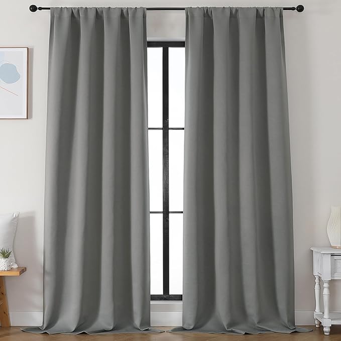 Simplebrand Light Grey Blackout Curtains for Bedroom 96 Inches Long 2 Panels, Solid Thermal Insulated, Energy Saving Living Room Window Treatment Curtains Blackout Drapes, W50 x L96 Inch, Light Grey