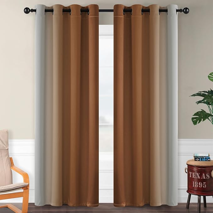 SimpleHome Ombre Room Darkening Curtains for Bedroom, Gradient Burnt Orange to Grey White Light Blocking Thermal Insulated Grommet Window Curtain/Drapes for Living Room,2 Panels, 52x84 inches Length