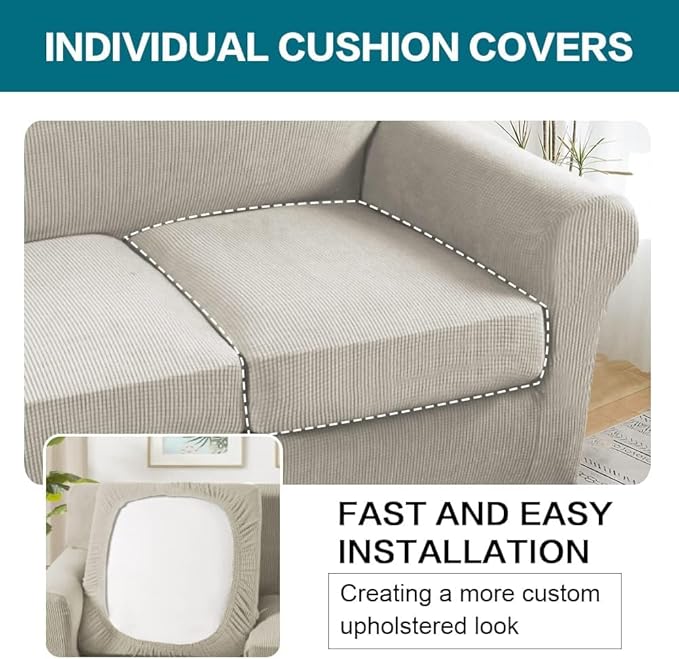 Turquoize 4 Piece Sofa Covers for 3 Cushion Couch Sofa Slipcover Soft Couch Cover for Dogs Washable Furniture Cover with 3 Individual Large Cushion Covers Feature Fabric (Large Sofa, Island Fossi)