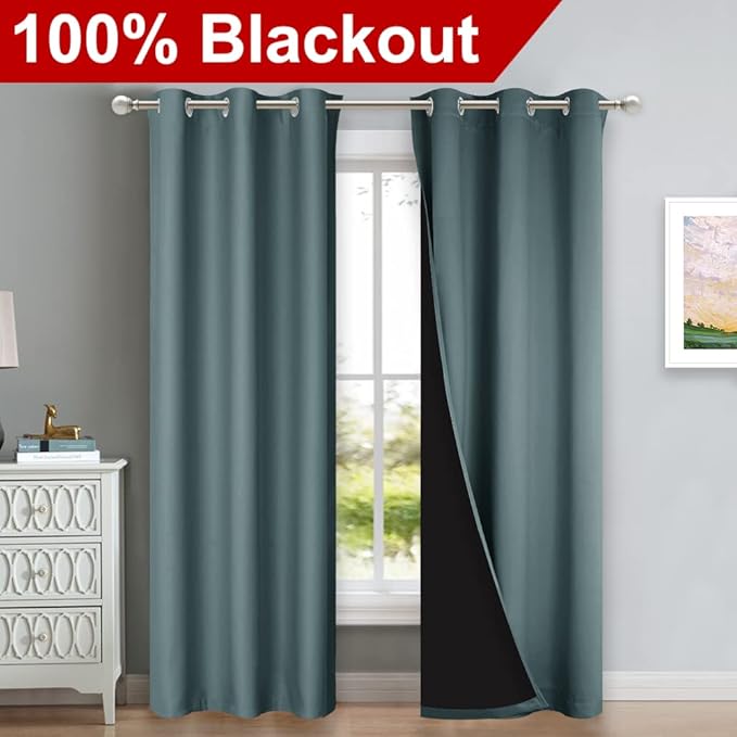 NICETOWN Full Shade Curtain Panels, 37" Wide x 80" Long, Greyish Blue, Pair of Thermal Insulated & Energy Efficiency Blackout Drapes for Living Room, Lined Silky Performance Window Dressing