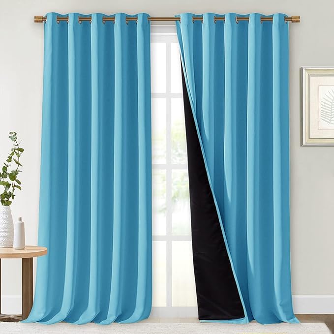 NICETOWN Full Shading Curtains for Windows, Teal Blue, Pack of 2, 62 inches W x 95 inches L, Super Heavy-Duty Black Lined Blackout Curtains for Bedroom, Privacy Assured Window Treatment