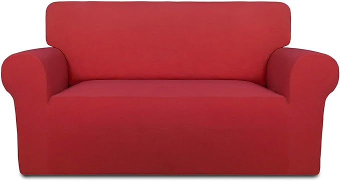 PureFit Super Stretch Sofa Slipcover – Spandex Non Slip Soft Couch Sofa Cover, Washable Furniture Protector with Non Skid Foam and Elastic Bottom for Kids, Pets （Loveseat, Red）