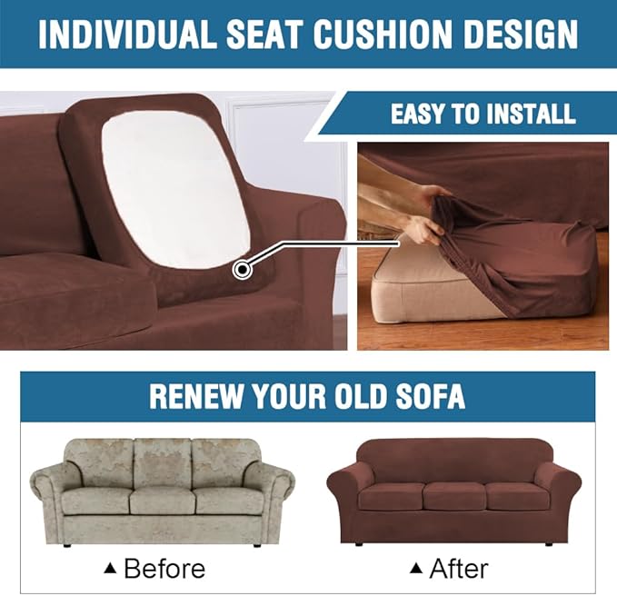 H.VERSAILTEX Real Velvet Plush 3 Piece Stretch Sofa Covers Couch Covers for 2 Cushion Couch Sofa Slipcovers Width Up to 90 Inch Feature Thick Soft Stay in Place (Sofa, Burnt Brick)